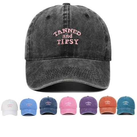 Washed Cotton Baseball Cap Tanned And Tipsy Letter Embroidery Vintage Adjustable Sun Hat Outdoor Casual For Women