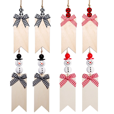 Kerst Houten Hanglabels Sneeuwman Houten Kralen Geruite Strik Blanco Ornamenten Kerstboom Decor Doe-Het-Zelf Rustiek