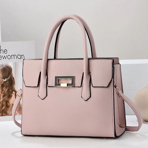 Women PU Leather Litchi Grain Handbag Large Capacity Shoulder Bag With Detachable Strap Simple Urban Style Top Handle