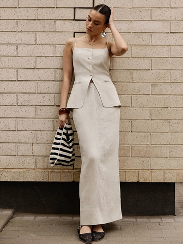 Dames Linnenmix Spaghetti Strap Vest Met Knopen En Midi Rok Met Achtersplit Zomer Casual Elegant Minimalistisch Beige