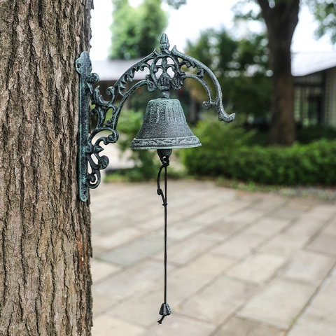 Vintage Cast Iron Doorbell Verdigris Patina Floral Scroll Wall Mounted Decorative Hand Bell Outdoor Garden Ornament