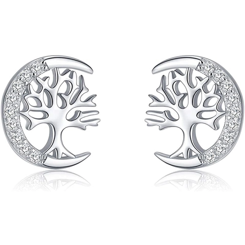 925 Sterling Silver Tree Of Life Moon Stud Earrings Rhinestone Inlaid Crescent Moon Tree Studs For Women Minimalist Fashion Jewelry