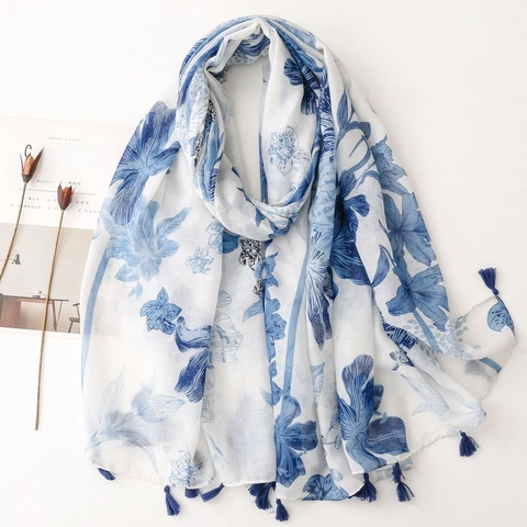 Sciarpa Lunga Scialle Poliestere Stampa Floreale Ornamento Con Nappe Stile Cinese Retrò Leggero Protezione Solare Donne