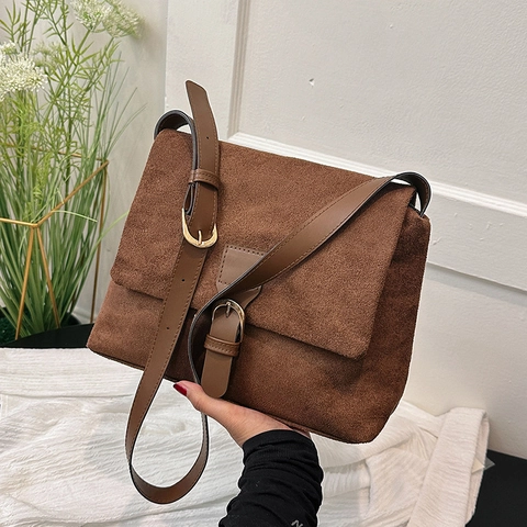 Vintage Suede Textured Women Shoulder Bag Retro Frosted PU Leather Crossbody Bag With Adjustable Strap Square Messenger Bag