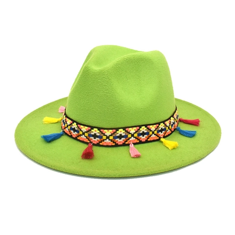 Vintage Woolen Fedora Hat Wide Brim Ethnic Woven Band Colorful Tassels Bohemian Jazz Style For Women Men