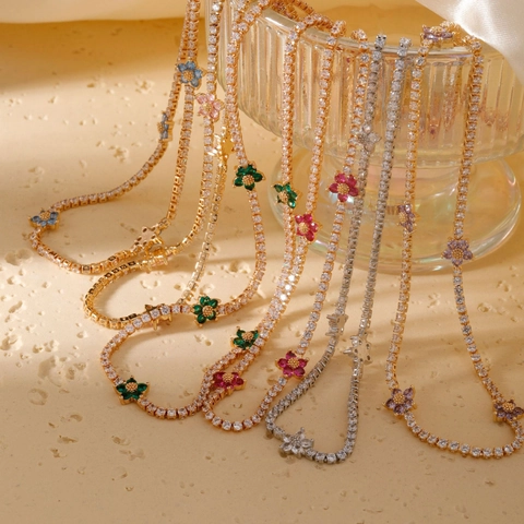 Shiny Colorful Flower Tennis Chain Necklace For Women Copper With Micro Pave Zircon Elegant Light Luxury Style Jewelry