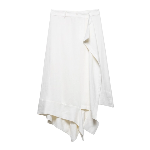 Women Asymmetric High Waist Skirt Elegant Minimalist Solid Ivory White Ruched Long A-Line Skirt For Office Dating Daily Wear