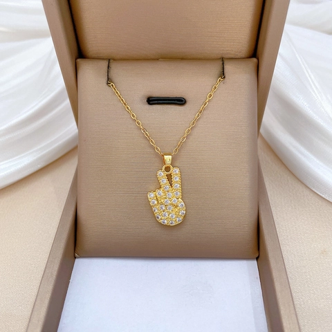 V-Zeichen Sieg Geste Anhänger Halskette Edelstahl Kette Kupfer Mikro Pave Strass Luxus Schmuck Für Frauen