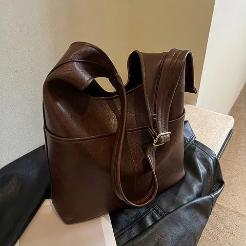 Vintage PU Leather Large Capacity Tote Bag For Women Retro Solid Color Shoulder Crossbody Bag Adjustable Strap Commuting Casual