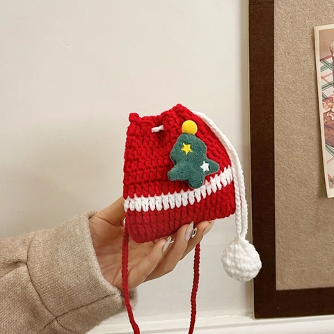 Christmas Woolen Crochet Crossbody Bag Cute Reindeer Snowman Kids Mini Shoulder Bag Festive Knit Drawstring Handbag