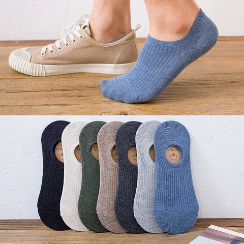 Men Invisible Socks Cotton Ribbed Low Cut No Show Non-Slip Silicone Heel Breathable Solid Color Casual