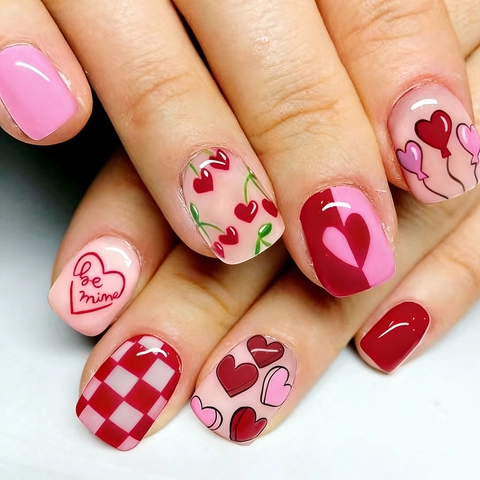 Unghie Finte Corte Quadrate Press On In ABS Con Motivi A Cuore Dolce Stile Francese Manicure Lucida Per Donna
