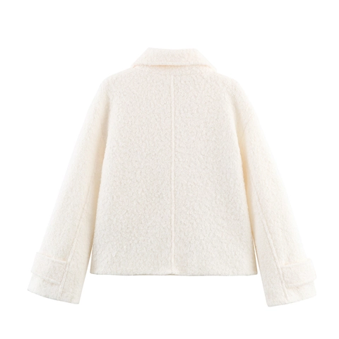 Korte Jas Van Krullend Fleece Dames Dubbele Knopen Reverskraag Lange Mouwen Crèmewit Jack