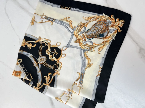 Foulard Quadrato Donna Satin Poliestere Bandana Capelli Barocco Equestre Catena Stampa Setoso Elegante Accessorio