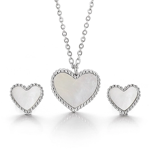 Elegante Hartjuwelen Inclusief Ketting Oorbellen En Armband Roestvrij Staal Witte Schelp Kralenrand Voor Vrouwen