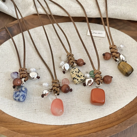 Boho Lange Halskette Naturstein Holzperle Anhänger Wachsseil Schnur Ethnisch Handgefertigter Schmuck Für Damen