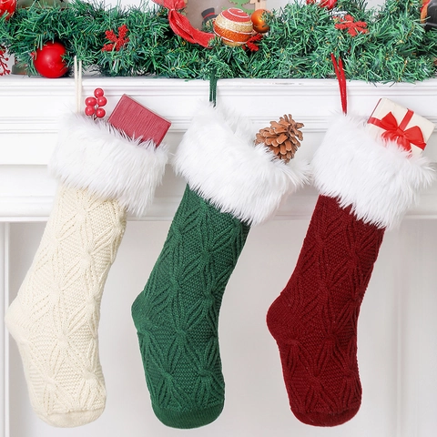 Christmas Stocking Knit Acrylic With Faux Fur Cuff Diamond Pattern Holiday Party Fireplace Hanging Decoration Gift Bag