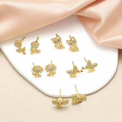 Fashion Gold Plated Copper Stud Earrings Animal Cat Elephant Flower Butterfly Zirconia Inlaid Minimalist Commuter Earrings For Women