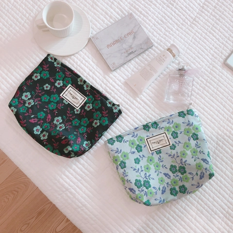 Floral Canvas Clutch Makeup Bag Vintage Literary Zipper Cosmetic Pouch For Women Travel Storage Handbag