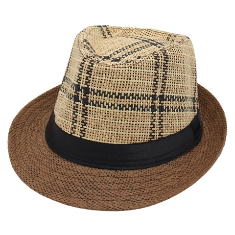 Plaid Fedora Hat Straw Paper Short Brim Breathable Sun Protection Summer Beach Travel Vintage Jazz Style Unisex