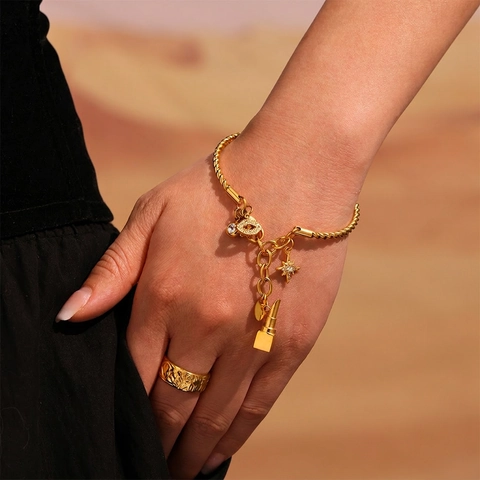 Stainless Steel Twisted Cable Bangle Bracelet With Zircon Star Lipstick Evil Eye DIY Charms Fashion Jewelry For Women