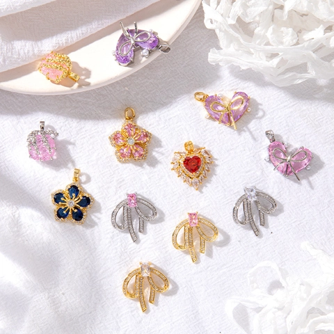 Anhänger Herz Bogen Blume Kupfer Zirkonia Mikropflaster Imitationsperle DIY Halskette Schmuckzubehör Für Damen