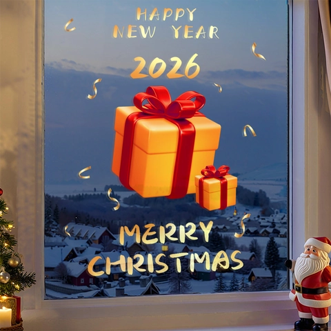 Christmas New Year 2026 Window Stickers Static PVC Clings Double Sided Gold Gift Box Decorative Glass Decals For Malls