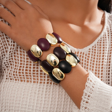 Retro Acrylic Alloy Geometric Oval Bead Elastic Wide Bracelet For Women Bohemian Contrast Color Hand Jewelry