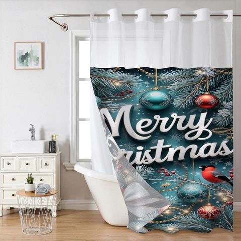 Weihnachts Duschvorhang Wasserdicht Polyester Waffelmuster Hakenlos Lagig Abnehmbares Futter Festliche Badezimmer Dekoration