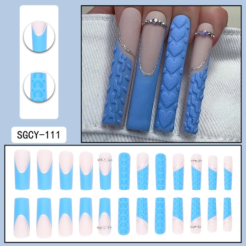 Unghie Finte Lunghe Coffin Press On Design Cuore 3D Con Strass Glitter Argento Blu Nude Per Donna