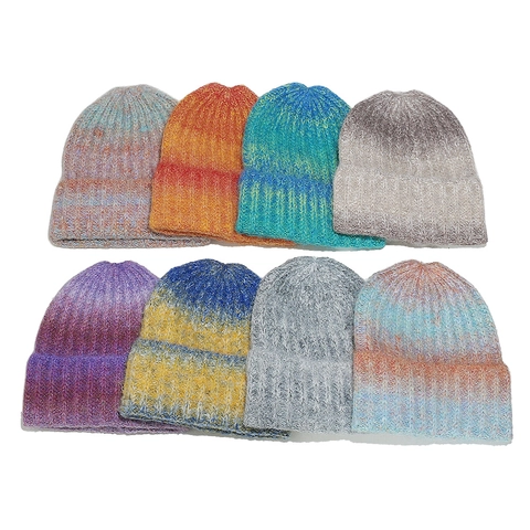 Beanie Hat Knit Acrylic Warm Windproof Winter Tie Dye Gradient Color Ribbed Cuffed Skull Cap For Women Men