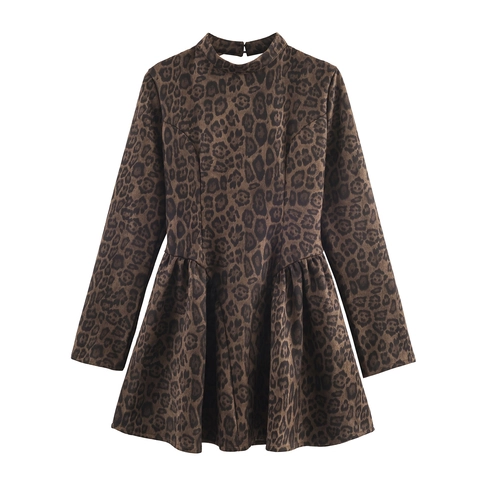 Leopardenmuster Wildleder Rückenfreies Mini Kleid Langarm Halbe Hochhals Sexy A Linie Puffsaum Party Club Für Frauen