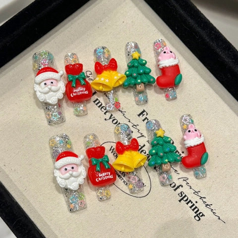 Navidad Press On Nails 3D Resina Papá Noel Árbol Campana Lujo Largas Uñas Postizas Artificiales Para Mujeres Fiesta
