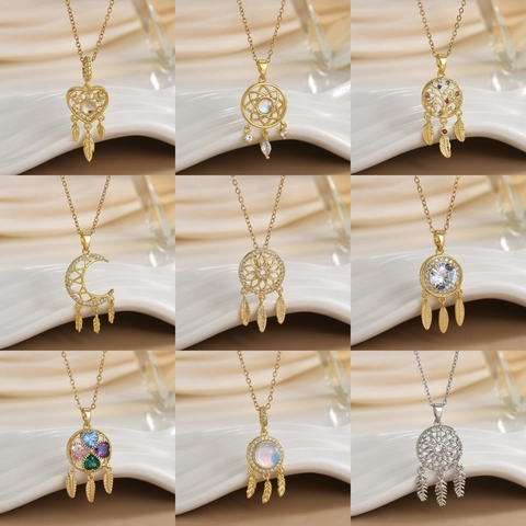 Dreamcatcher Pendant Necklace Stainless Steel Zircon Tassel Feather Boho Moon Tree Of Life Jewelry For Women