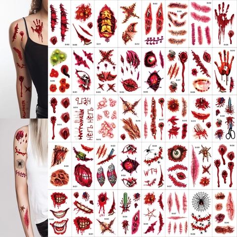 Halloween Temporary Tattoo Stickers Scary Realistic Scars Mouth Wounds Waterproof Face Body Art Horror Makeup Party Supplies