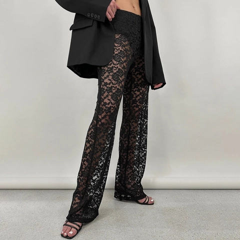 Pantalon En Dentelle Sexy Pour Femmes Taille Haute Transparent Floral Perspective Jambe Droite Streetwear Mode