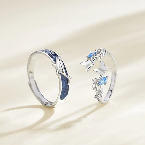 925 Sterling Zilver Walvis En Vlinder Koppelringen Voor Dames Heren Verstelbare Open Vingerringen Blauw Emaille Strass Sieraden Cadeau