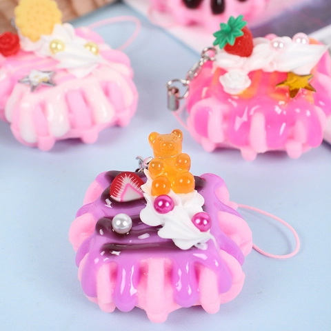 Simulation Dessert Cake Keychain PVC Cream Glue Mini Waffle Strawberry Bag Pendant Decoration Kawaii Toy Gift