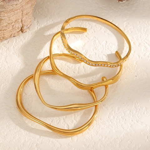 Minimalist Geometric Wave Cuff Bangle Stainless Steel 18K Gold Plated Open Bracelet With Rhinestone For Women Elegant Jewelry