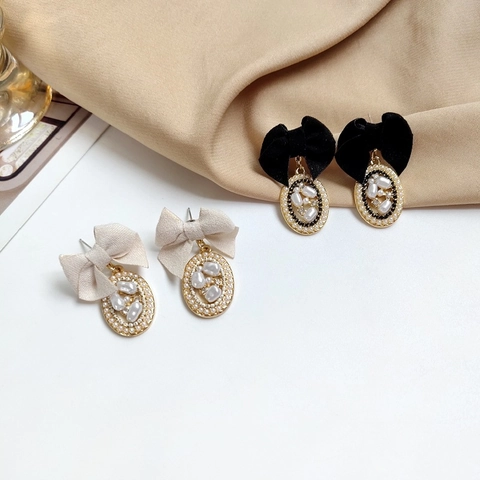 Franse Vintage Strik Kunstparel Oorbellen Stof Fluweel Legering Elegante Sieraden Dames Met 925 Sterling Zilveren Oorbel Post