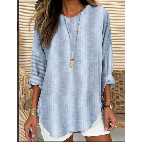 Damen Vintage Gestreift Langarm Top Lässig Locker Rundhals Baumwolle Gewebt Bluse Retro Vertikalstreifen Pullover Hemd