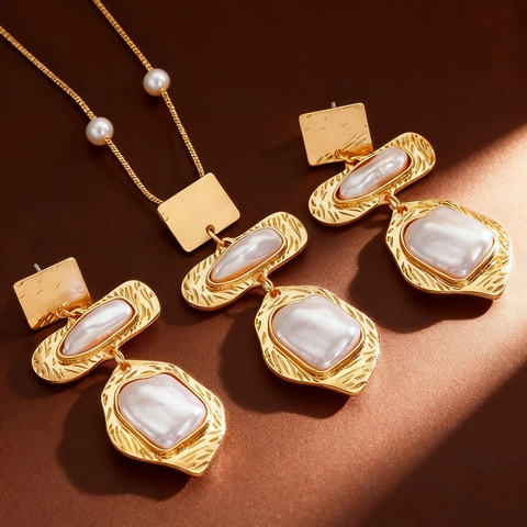 Collezione Gioielli Barocco Perla Artificiale Lega Zinco Martellata Collana Geometrica Orecchini per Donna Boho Accessorio