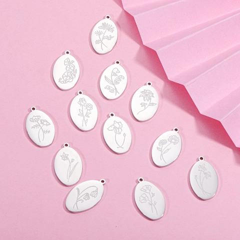 Ciondoli Con Fiori Del Mese Di Nascita Ovali Charms Floreali Incisi In Acciaio Inossidabile 304 Per Creazione Di Gioielli DIY