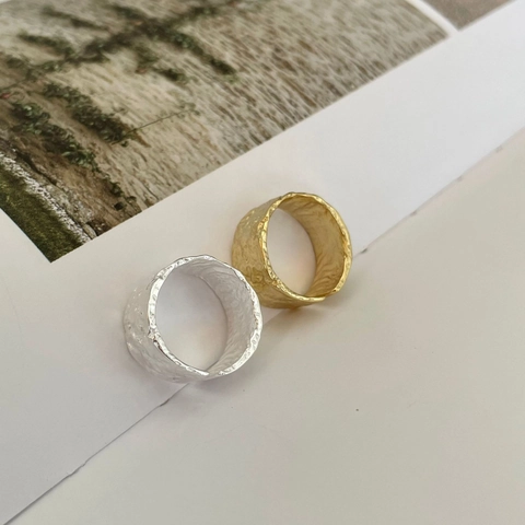925 Sterling Silber Ring Hammerschlag Textur Unregelmäßig Breit Oberfläche Offen Verstelbar Minimalistischer Schmuck