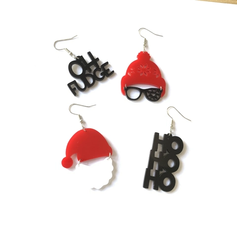 Weihnachts Ohrhänger Acryl Weihnachtsmannmütze Brille Asymmetrisch Oh Fudge Ho Ho Ho Festlicher Schmuck Retro