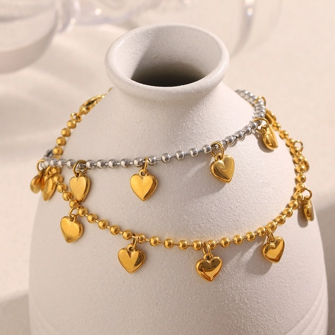 Edelstahl Herz Charm Armband 18K Vergoldet Rundperlen Kette Schmuck Für Damen Elegant Vielseitig Geschenk