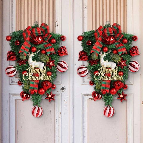 Christmas Teardrop Swag Wreath Artificial Pine White Reindeer Red Plaid Bow Merry Christmas Sign Wall Hanging Decor