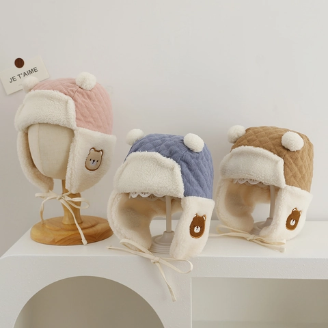 Gorro De Invierno Cálido Con Orejeras Para Niños Lana De Cordero Acolchado Pana Grueso Resistente Al Viento Oso Bebé
