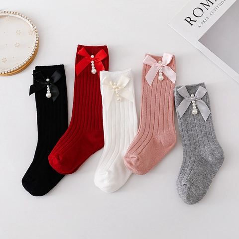 Calze Alte Ragazze Cotone Pettinato Maglia Costine Fiocco Satine Perla Artificial Decorazione Stile Principessa Spagnola Neonata Natale