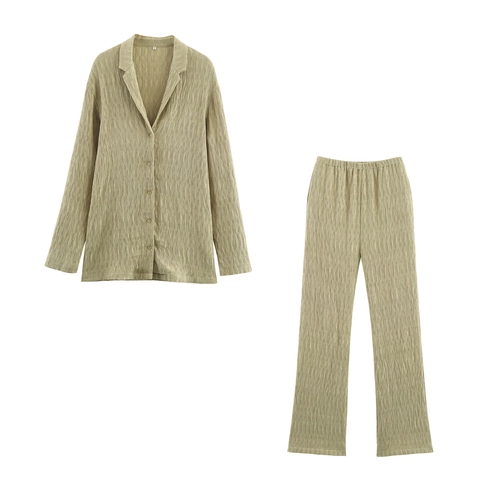 Completo Casual Da Donna Camicia A Maniche Lunghe Piegghettata Texturizzata E Pantaloni A Gamba Larga Abbigliamento Da Casa